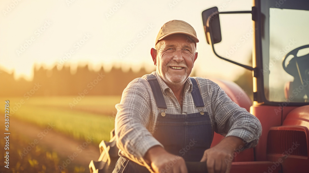 Agriculturist, Happy senior farmer sitting on tractor in growing corn field. agriculture. Generative Ai