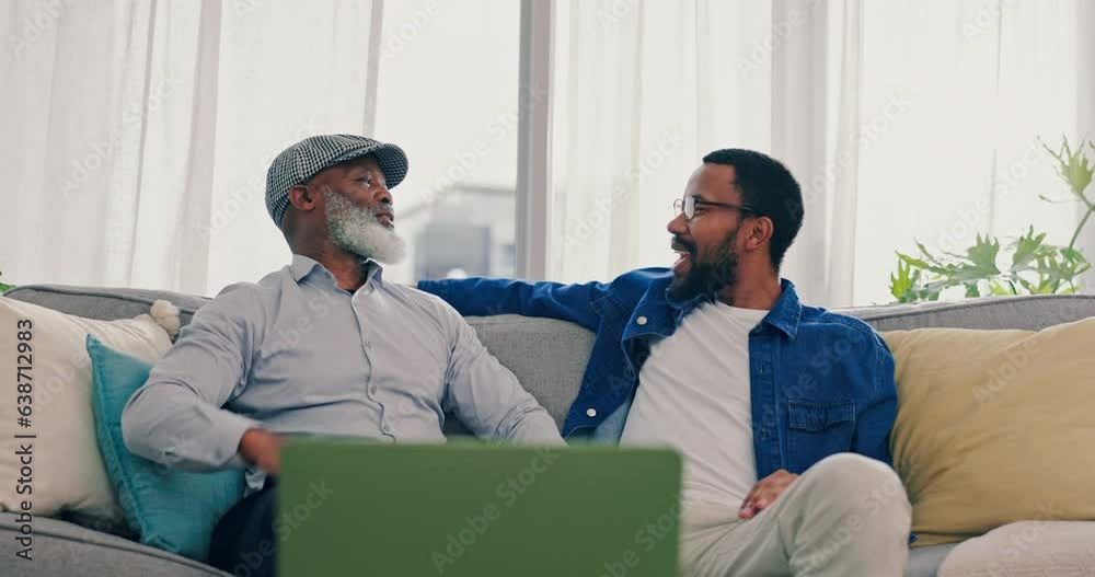 Home, father and son with a laptop, celebration and achievement with happiness, social media and connection. Black men, family or dad with adult child, pc and cheering with success or smile on a sofa Home, father and son with a laptop, celebration and achievement with happiness, social media and connection. Black men, family or dad with adult child, pc and cheering with success or smile on a sofa