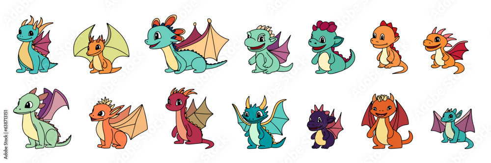 Fototapeta premium Big set of cute little dragons. Cute dragon isolated on white background. Hand draw outline dragon in doodle style. Symbol 2024 year. Vector illustration. 