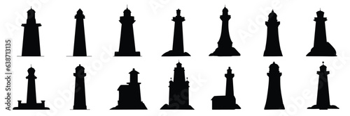 Big collection of light house silhouette. Hand drawn lighthouses silhouette isolated on white background. Vector illustration.
