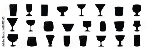 Big collection of glasses silhouette. Hand drawn glass silhouette isolated on white background. Vector illustration.