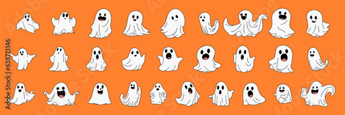 Large collection of hand drawn doodle ghosts isolated on orange background. Set of ghost icons. Vector illustraiton. Outline white ghost set. 
