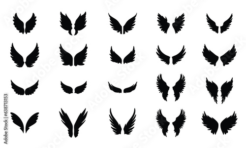 Big collection of wings silhouette. Hand drawn angel wings silhouette isolated on white background. Vector illustration.