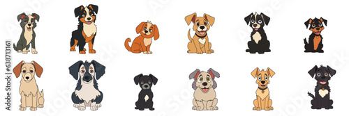 Big set of cute little dog. Cute puppy isolated on white background. Hand draw outline dog in doodle style.  Vector illustration. 