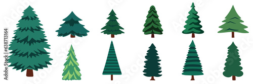 Set of pine trees in flat style. Fir trees isolated on white background. Christmas decor. Collection of spruce. Vector illustration.