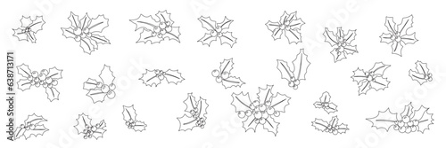 Collection of Holly Berry in doodle style. Isolated Hand drawn Holly berry icons set, isolated on background. Christmas decor. Vector illustration.