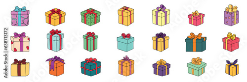 Large collection gift boxes icon. Colored outline present pox set icon isolated on white background. Vector illustration.