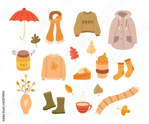 Cozy Autumn Vector Design Elements Set. Cute Flat Cartoon Hand Drawn Fall Clothes, Rubber Boots and Food Collection.