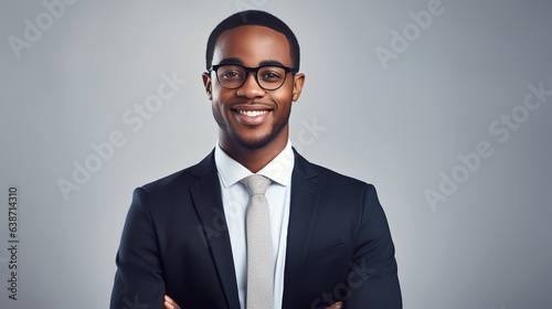 Serious businessman in a black suit exudes confidence in a professional studio portrait