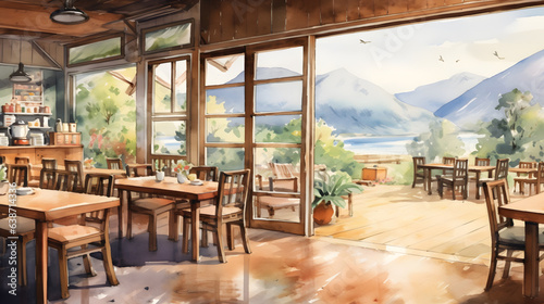 山が見えるカフェの建築パース 水彩イラスト