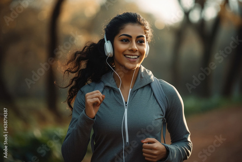 Young woman running and listening music at public park