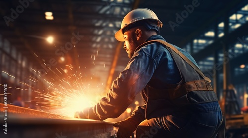 Industrial welder sparks fly as they fuse steel in the dimly lit factory photo
