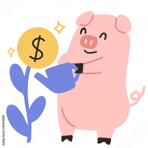 Pig watering money plant flat illustration