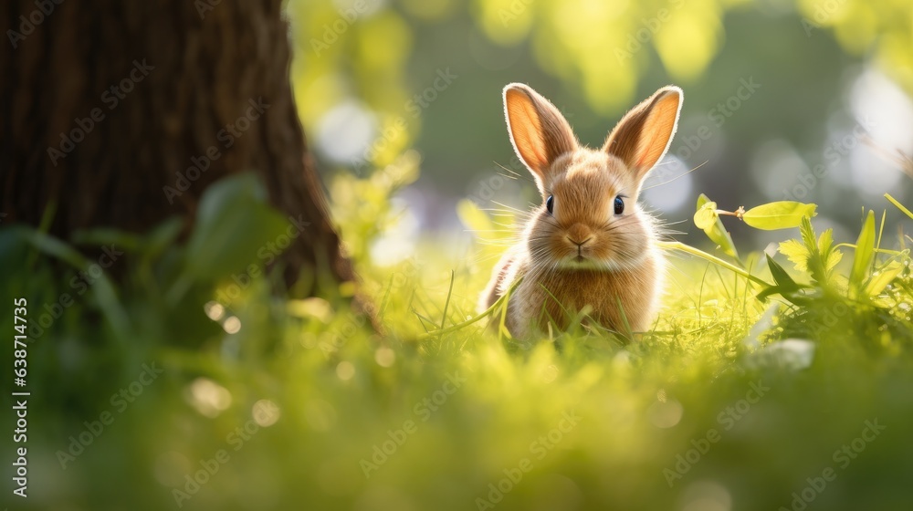 A rabbit sitting in the grass near a tree. Generative AI.