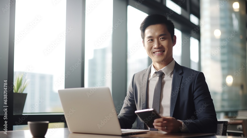 Confident Businessman: A portrait of a smiling Asian businessman, dressed in a sharp suit, confidently working on his laptop and smartphone in a modern, sunlit office. Confident Businessman: A portrait of a smiling Asian businessman, dressed in a sharp suit, confidently working on his laptop and smartphone in a modern, sunlit office.