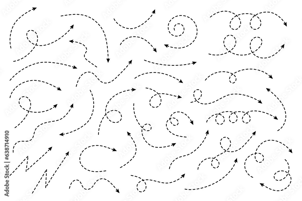 Thin curved dotted arrow. Zigzag arrow stripes design with dotted lines. Thin arrows. Vector illustration. Thin curved dotted arrow. Zigzag arrow stripes design with dotted lines. Thin arrows. Vector illustration.