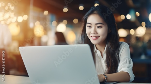 Asian woman working on laptop on bokeh office background