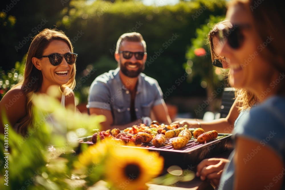 Diverse teenage and friends having a picnic barbeque grill in the garden. Generative AI