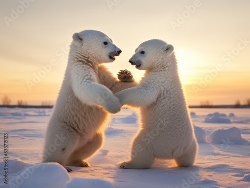 Two polar bears playing with each other in the snow. Generative AI.