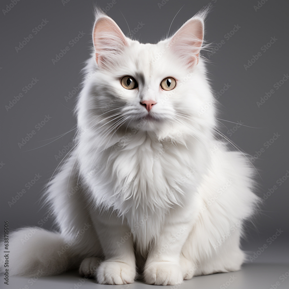 a white angora cat on a white background