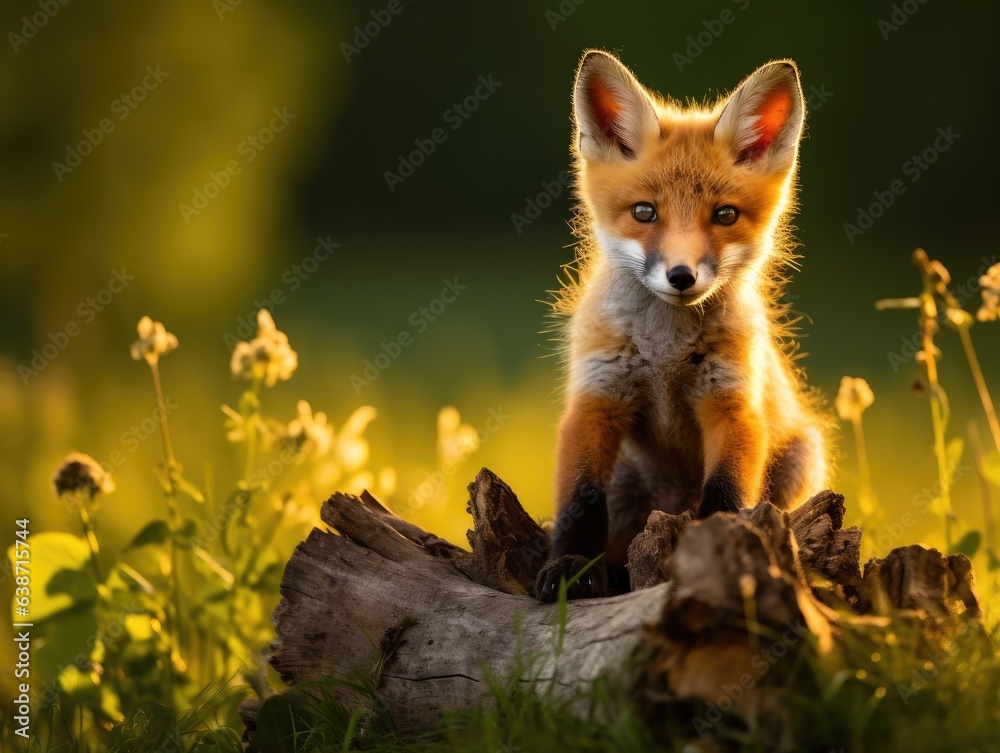 A small fox sitting on top of a tree stump. Generative AI.