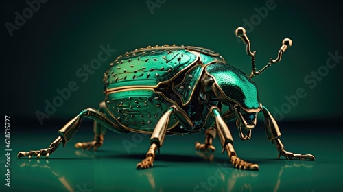 A shiny green beetle sitting on top of a green surface. Generative AI. © serg3d
