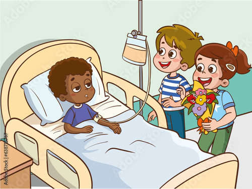 A sick child in hospital visitor friends vector illustration