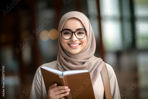Portrait of attractive young muslim teacher wearing hijab smiling at camera. Young female wearing Hijab and holding a book
