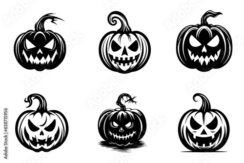 Collection of Halloween pumpkins carved faces silhouettes. Scary and funny faces of Halloween pumpkin. Vector illustration