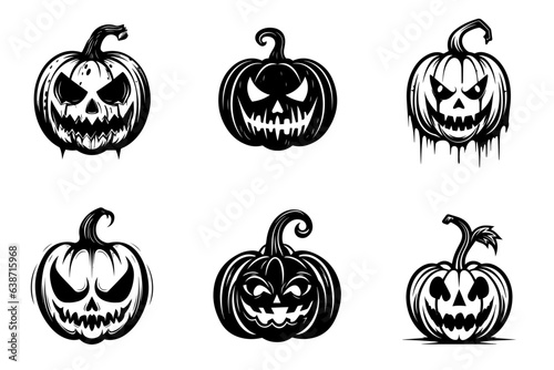 Collection of Halloween pumpkins carved faces silhouettes. Scary and funny faces of Halloween pumpkin. Vector illustration