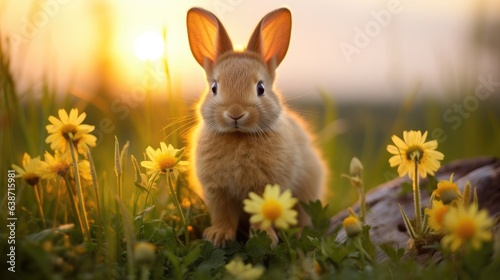 A rabbit sitting in a field of yellow flowers. Generative AI.