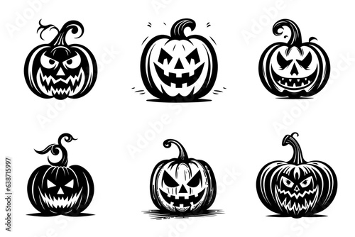 Collection of Halloween pumpkins carved faces silhouettes. Scary and funny faces of Halloween pumpkin. Vector illustration