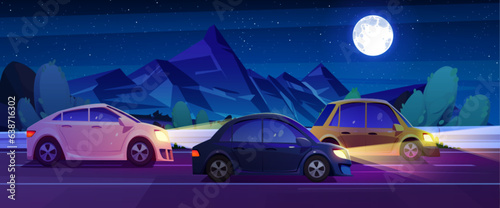 Cars drive along country road near mountains and trees at night under starry sky. Cartoon vector of midnight landscape with rocky peaks, automobiles traveling on asphalt highway under moonlight.