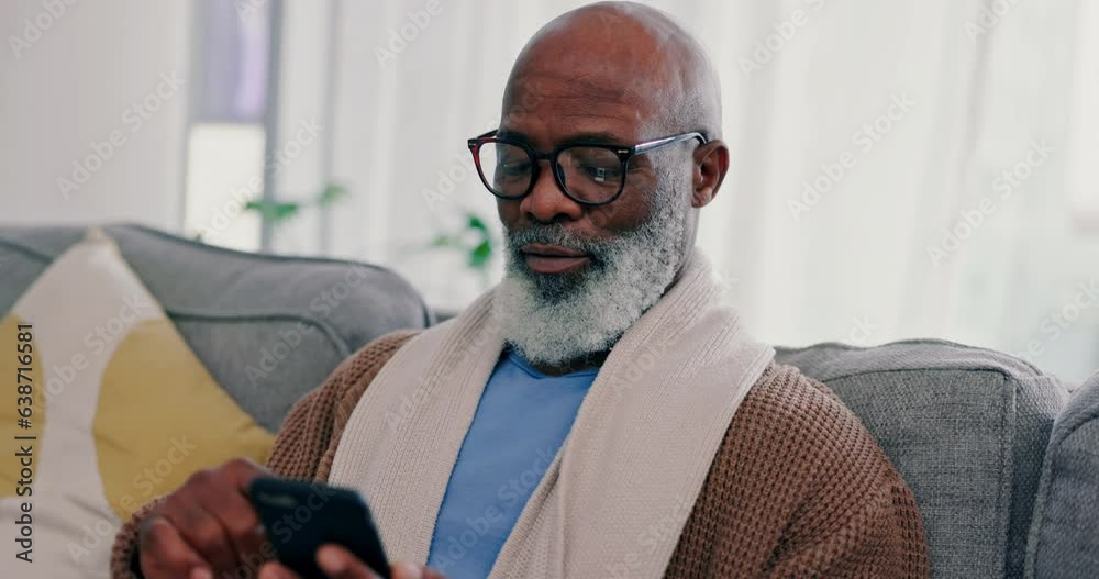 Home, network and old man with a smartphone, typing and connection with social media, chatting and contact. Pensioner, black man or person on a sofa, cellphone or mobile app and email notification