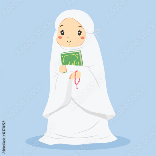 cute smiling Muslim girl wearing white mukena holding Quran and pink prayer beads ready for shalat. Muslim children character vector illustration.