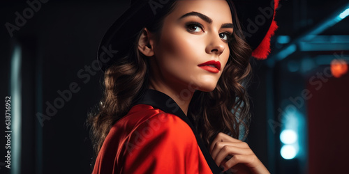 Portrait of a Young Beauty Sexy Woman in red dress and black hat on a black background