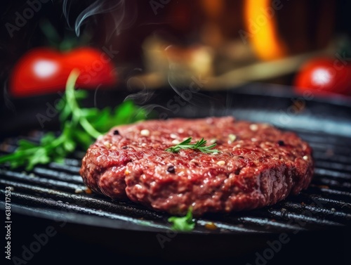 Hamburger in a frying pan, close-up shot