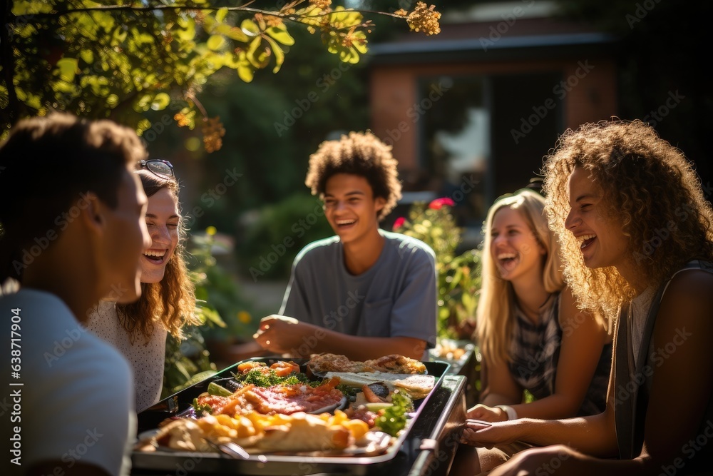Diverse teenage and friends having a picnic barbeque grill in the garden. Generative AI