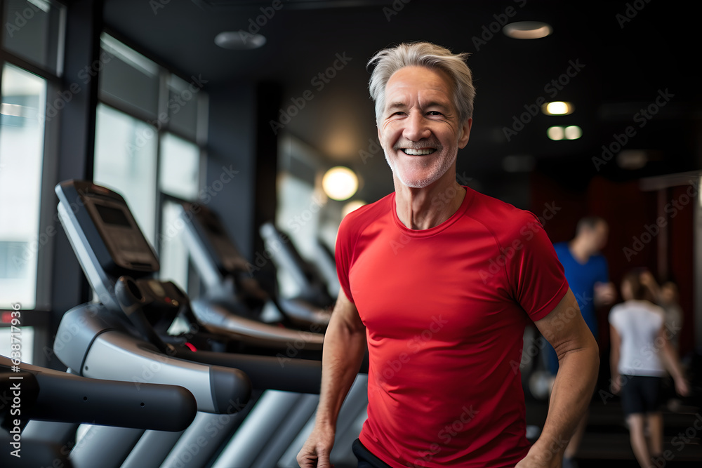 Obraz premium Portrait of active senior healthy man working out gym fitness. Mature fit man smiling while exercising in fitness center