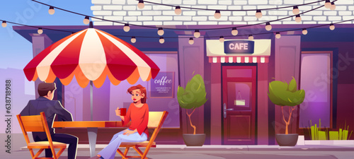Couple drinking coffee in city street cafe. Vector cartoon illustration of young woman and man having date at outdoor table in coffee shop. Urban bistro exterior decorated with garland and green trees
