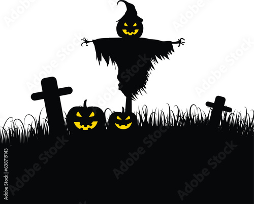 Halloween cemetery silhouette with pumpkins and scarecrow