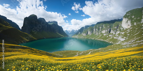 a beautiful view of a mountain lake surrounded by wildflowers and mountains in the background with clouds in the sky,Generative AI