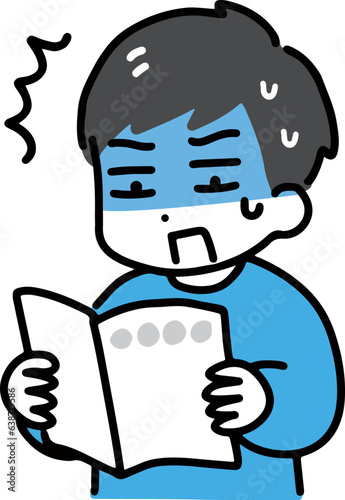 冊子を読んでショックを受ける私服の若い男性(上半身)