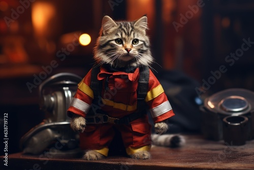 Cute cat wearing like fireman