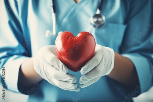 Closeup female doctor with stethoscope holding red heart shape in hand. Healthcare and medical concept, generate with Ai.