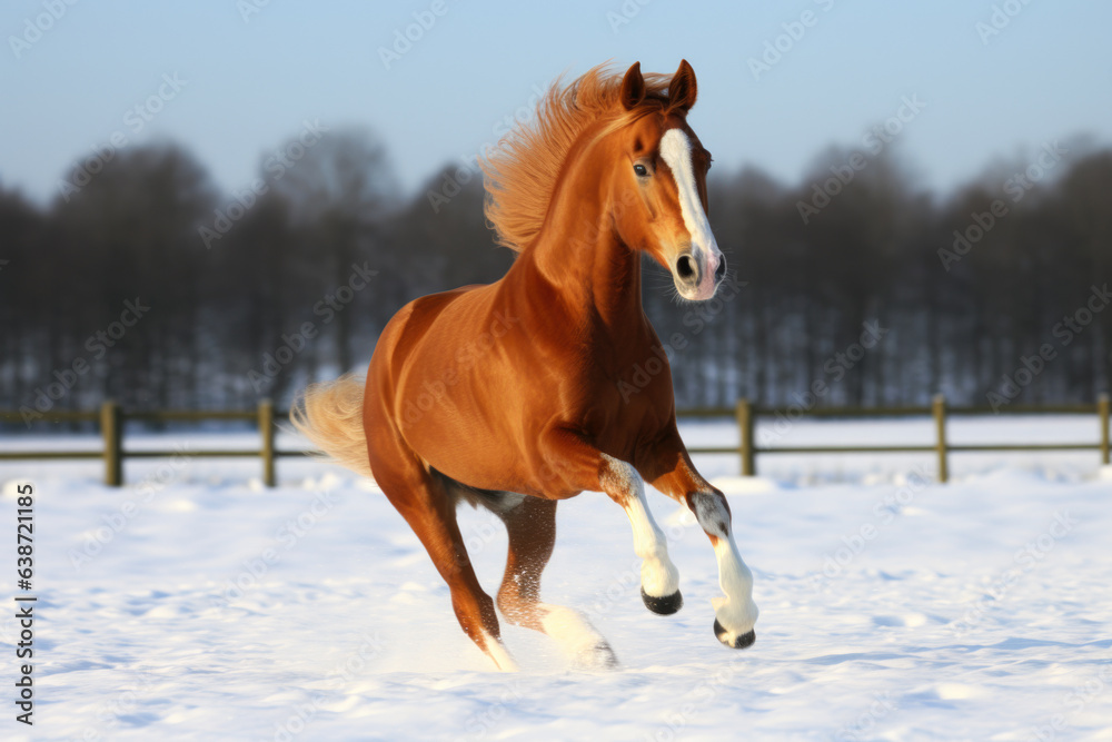 A chestnut colored horse galloping in the snow, white blaze on its face