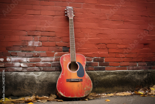 A red acoustic guitar leaning against a red brick wall © Florian