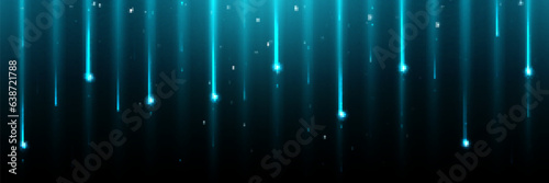 Star shower - shining comet rain horizontal border with blue path falling down meteorite with bokeh effect. Shiny glowing stellar or firework glitter particles on dark background. Realistic vector.