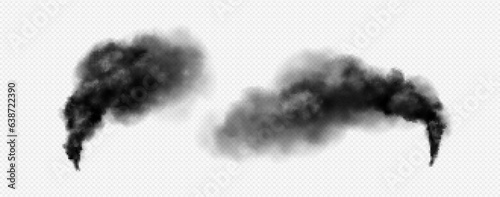 Black smoke cloud realistic vector illustration. Dark haze pillar from explosion or fire burning, or action of magical power. Dense smog or fog with overlay effect on transparent background.