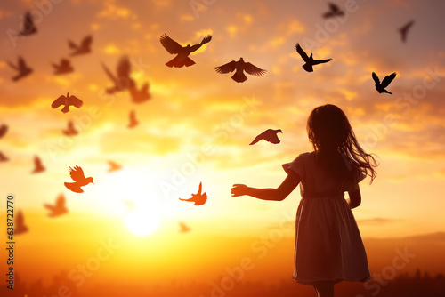 silhouette of a girl releasing pigeons to the sunset twilight